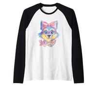 Blue Fox Retrato Animal Lover Graphic Pink Glasses Bow Camiseta Manga Raglan