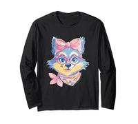 Blue Fox Retrato Animal Lover Graphic Pink Glasses Bow Manga Larga