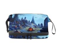 Blue Graveyard Pumpkin - Neceser de doble capa para mujeres y niñas, neceser de viaje, bolsa organizadora de maquillaje con compartimento para brochas, multicolor, 27x15x14 cm/10.6x5.9x5.5 in, Neceser