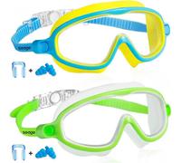 (Blue & Green)Swim Goggles 2 Pack Anti-Fog Anti-UV Wide View Swimming Goggles Compatible with Kids 3-14
