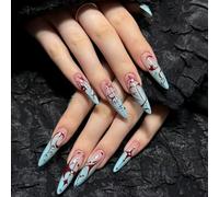 Blue Handmade Press On Nails Stiletto Nail Tips 10Pcs Luxury Glue on Nails Reusable Acrylic False Nails Manicure Kits with Cute Design for Women