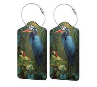 Blue Heron in The Rainforest - Etiqueta de equipaje para maleta, paquete de 2 etiquetas de equipaje de cuero con solapa de privacidad, etiqueta de identificación de nombre y lazo de metal para mujeres