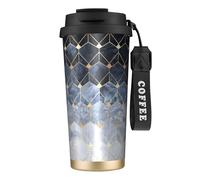 Blue Hexagons and Diamonds - Botella de agua con tapa de popote, acero inoxidable, boca ancha, aislada, a prueba de fugas, para mujer, color negro
