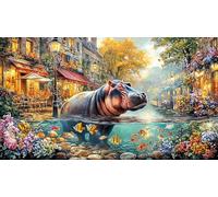 Blue-Hippo-with-Flowers-and-Hearts 1000 Piezas Puzzle Educativo Papel Reciclado Juego Familiar Desafiante para decoración Mural y Regalos 70x50/1000pcs