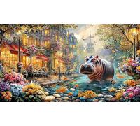Blue-Hippo-with-Flowers-and-Hearts 1000 Piezas Puzzle Educativo Papel Reciclado para Adultos Desafiante Idea 70x50/1000pcs