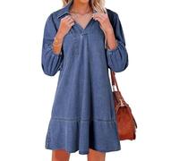 Blue Jean Dresses for Women,Trendy V Neck Retro Puff 3/4 Sleeve Ruffle Fall Casual Denim Country Concert Jean Dress (Blue,XL)