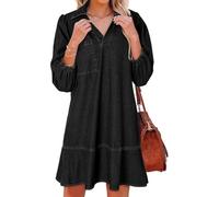 Blue Jean Dresses for Women,Trendy V Neck Retro Puff 3/4 Sleeve Ruffle Fall Casual Denim Country Concert Jean Dress (Black,S)