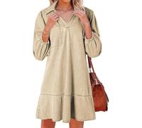 Blue Jean Dresses for Women,Trendy V Neck Retro Puff 3/4 Sleeve Ruffle Fall Casual Denim Country Concert Jean Dress (Apricot,XL)