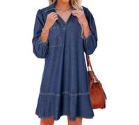 Blue Jean Dresses for Women,Trendy V Neck Retro Puff 3/4 Sleeve Ruffle Fall Casual Denim Country Concert Jean Dress (Navy Blue,L)