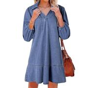 Blue Jean Dresses for Women,Trendy V Neck Retro Puff 3/4 Sleeve Ruffle Fall Casual Denim Country Concert Jean Dress (Denim Blue,XL)