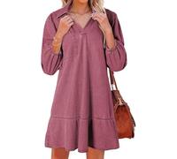 Blue Jean Dresses for Women,Trendy V Neck Retro Puff 3/4 Sleeve Ruffle Fall Casual Denim Country Concert Jean Dress (Pink,XL)