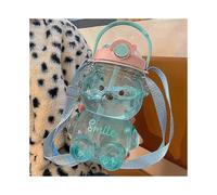 (Blue)Kawaii bear straw kettle, 1000ml cute kettle, can be used as a mobile phone holder, leak-proof, for girls school office travel