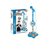 (Blue) Kids Karaoke Machine with Microphones and Adjustable Stand, Music Sing Along with Flashing Stage Lights and Pedals for Fun Musical Effect