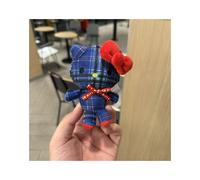 (Blue)Llavero colgante de juguete de peluche para gatito con patrón retro a cuadros para regalo niñas