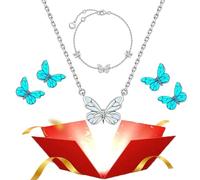 Blue Luminous Butterfly Pendant Bracelet & Necklace for Women, Elegant Dainty Cute Butterfly Choker Necklace Bracelet Set Jewelry Gifts (A)
