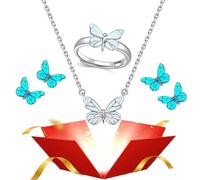 Blue Luminous Butterfly Pendant Bracelet & Necklace for Women, Elegant Dainty Cute Butterfly Choker Necklace Bracelet Set Jewelry Gifts (B)
