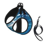 Blue Ocean Print - Juego de correa de arnés ajustable para gatos y perros, chaleco de malla suave y transpirable con diseño reflectante, correa a prueba de fugas para mascotas pequeñas, entrenamiento