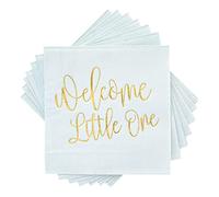 Blue Panda Servilletas de cóctel - Paquete de 50 servilletas de papel desechables Welcome Little One, impresión en papel dorado en color azul pastel, 3 capas, desplegado 25,4 x 25,4 cm