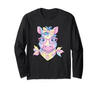 Blue Pig Retrato Animal Lover Graphic Gafas Rosa Floral Manga Larga