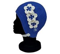 Blue Reef Riga Bubble Gorro de natación para mujer, diseño floral, clásico, retro, 3 flores, 2 colores, trío de pétalos 3D, elegante, vintage, talla única, para adultos, con correa ajustable (azul