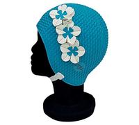 Blue Reef Riga Bubble Gorro de natación para mujer, diseño floral, clásico, retro, 3 flores, 2 colores, trío de pétalos 3D, elegante, vintage, talla única, para adultos, con correa ajustable (verde