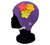 Blue Reef Rome Bubble Gorro de natación para mujer diseño floral clásico retro 3 flores pétalos 3D 3 colores tropicales elegante vintage talla única para adultos con correa ajustable (morado)
