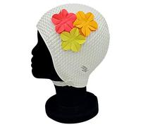 Blue Reef Rome Bubble Gorro de natación para mujer diseño floral clásico retro 3 flores pétalos 3D 3 colores tropicales elegante vintage talla única para adultos con correa ajustable (blanco)