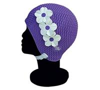 Blue Reef Tunis Bubble - Gorro de natación para mujer, diseño floral, 3 flores, 2 filas de colores, diseño de pétalos 3D, talla única, para adultos, con correa ajustable (morado)