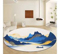 Blue Round Area Rug, Soft Low Pile Machine Washable Carpet - Non Slip Faux Wool Ink Painting Style Abstract Mountains Rugs for Living Room Bedroom Dining Room Office Home Decor Diameter 100 cm
