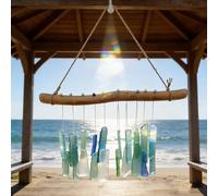 Blue Sea Glass Wind Chime, Handcrafted Glass Wood Windchime, Unique Handcrafted Seaglass Driftwood Chime, Relaxing Weather-Resistant Hanging Decoration for Garden,Patio,Porch,Balcony,Lawn