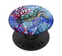 Blue Sea Turtle in Corals Mosaic Art Ocean Theme PopSockets PopGrip Adhesivo