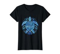 Blue Sea Turtle Mandala Bohemio Océano Wildlife Art Camiseta gráfica económica, Mujer, Negro, M