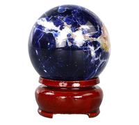 Blue Sodalite Sphere with Wood Stand Quartz Divination Crystal Ball Stone Ball Sculpture Figurine Room Decor Collectible Gift,55-60mm