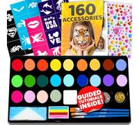 Blue Squid Kit de pintura facial y del cuerpo para niños - 22 colores, 160 piezas, plantillas, folleto, gemas, tiza para el cabello, pinceles, purpurina, esponjas, maquillaje profesional de Halloween