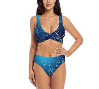 Blue Swirl - Conjunto de bikini de corte alto acolchado con lazo en la espalda para mujer, Negro, L