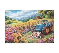 Blue Tractor Campo de Flores Puzzles 1000 Piezas Obra De Arte Decorativa Tiempo Feliz Rompecabezas Familiar para Adultos DIY Creativo Aliviar Estrés Portátil 1000 PCS