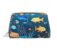 Blue Underwater World of Fish - Bolsa de maquillaje portátil de piel para cosméticos, artículos de tocador y artículos esenciales diarios, White, Talla única