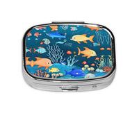 Blue Underwater World of Fish - Caja cuadrada de almacenamiento de píldoras portátil (2 compartimentos), caja de almacenamiento de medicamentos y vitaminas