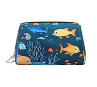 Blue Underwater World Of Fish - Neceser portátil de piel (grande), bolsa de cosméticos con cremallera, bolsa de aseo de viaje, bolsa de almacenamiento de viaje, color blanco, talla única, White, Talla