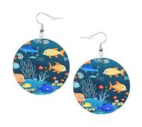 Blue Underwater World Of Fish - Pendientes redondos de piel de PVC impresos de doble cara con ganchos chapados en plata 925, talla única, plata de ley, piedra dorada, One Size, Plata de ley, Piedra