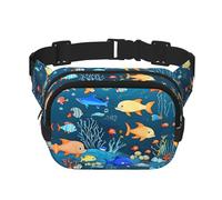 Blue underwater world of fish - Riñonera cuadrada de doble capa con correa ajustable para actividades al aire libre, color negro, talla única, Black, Talla única