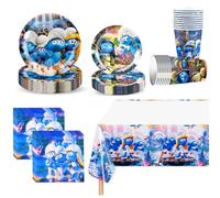 Blue Vajilla de 51 piezas Smurfs Partygeschirr Set, Pitufos Decoración de Cumpleaños Platos Mantel Vasos Servilletas Cumpleaños Infantil, Pitufos Fiesta Decoración para 10 Invitados