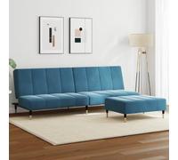Blue Velvet 2 Seater Sofa Bed with Ottoman, Convertible Sleeper Couch for Small Spaces, Guest Bed for Living Room, Apartment, Office, Easy Assembly, Comfortable Velvet Fabric, Sturdy Wood Frame