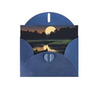 Blue WHJSHOP - Tarjeta de felicitación con diseño de río canoa iluminado por la luna, papel nacarado de doble cara, con hebilla de amor, sobre de papel perlado