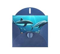 Blue WHJSHOP Whales under the Sea - Tarjeta de felicitación con estampado de ballenas bajo el mar, papel nacarado de alta gama, doble cara, efecto perlado, hebilla de amor, sobre de papel perlado