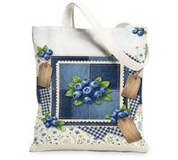 Blueberries - Bolsa de lona para mujer, diseño de hojas rústicas de granja, etiqueta de madera, color azul de verano, lavable, reutilizable, ideas para familiares, amigos, colegas, lectura y amor, 13