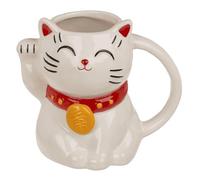 BLUECHOLON Taza de Gato de la Suerte, Lucky Cat, Cerámica de Dolomita, Blanco y Negro, 500 ml, 15 x 10,5 x 13,5 cm, Diseño Maneki Neko, en Caja de Regalo. (Blanco)