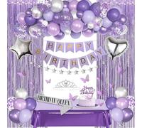 BlueCloudy Decoración de cumpleaños morada para mujer, globos foil lavanda plata, mantel, banda, corona, cortinas de flecos, bandera Feliz Cumpleaños, guirnalda estrellas purpurina, mariposa