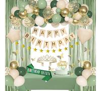 BlueCloudy Decoración de cumpleaños verde para mujer, globos foil nude marfil verde salvia, mantel, banda, corona, cortinas de flecos, bandera Feliz Cumpleaños, guirnalda estrellas, topper mariposa