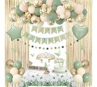 BlueCloudy Decoración de cumpleaños verde salvia para mujer, globos foil nude neutro, mantel, banda, corona, cortinas de flecos, bandera Feliz Cumpleaños, guirnalda de círculos, topper mariposa
